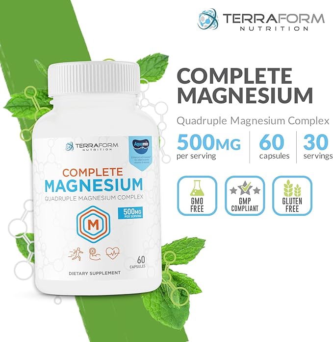 Terraform Nutrition Complete Magnesium Complex - 4 Forms of Magnesium (Glycinate Malate Oxide &amp Citrate) Plus Aquamin for Support of Muscles Sleep Energy &amp Relaxation - 60 Capsules