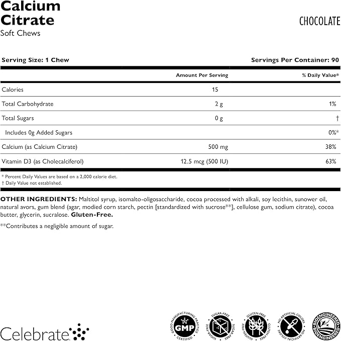 Celebrate Vitamins Bariatric 500mg Calcium Citrate Soft Chews with 500 IU Vitamin D3 – Essential for Gastric Bypass Patients &amp Bone Health - Sugar &amp Gluten Free Chocolate (270 Chews)