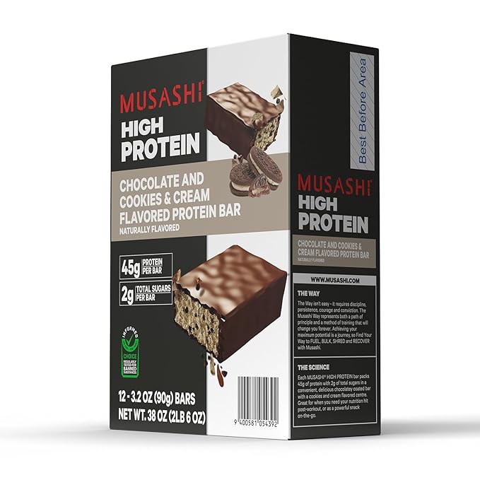 MUSASHI High Protein Bar 45g Protein 2g Total Sugars Cookies &amp Cream Post Workout and Protein Snack On The Go 12 Pack of 3.2oz (90g) Bars