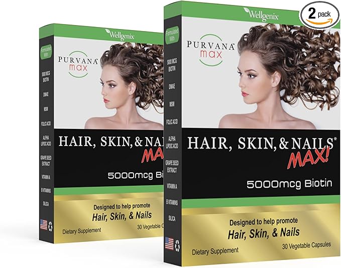 Wellgenix Purvana MAX Hair Skin and Nails Supplement – 5000mcg Biotin with MSM &amp B-Complex – Supports Thicker Hair Stronger Nails &amp Glowing Skin – 60 Veggie Capsules (2 Pack)