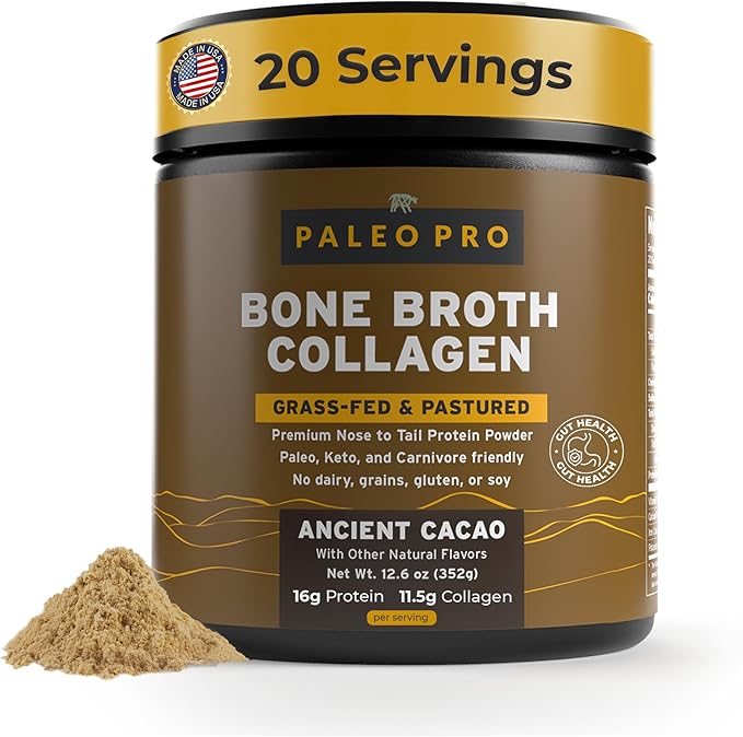 PaleoPro Bone Broth Collagen Protein Powder - Turmeric Root Grass-Fed Collagen Powder for Skin &amp Bones - Gluten Free No Sugar Soy Grains Net Carbs - Paleo &amp Keto Friendly 20 Servings Ancie