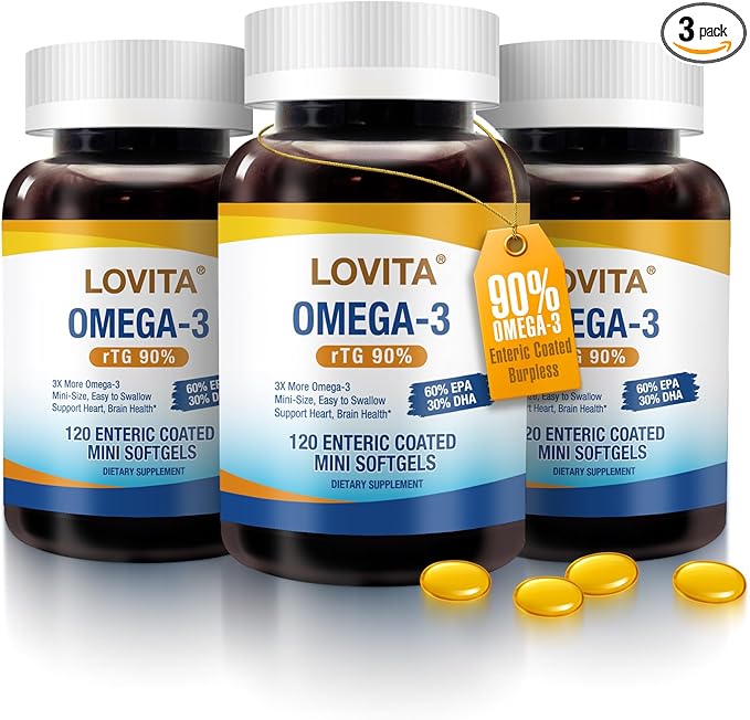 LOVITA Omega-3 Fish Oil 2000mg Supplement for Men and Women 360 Mini Softgels High Absorption rTG with EPA &amp DHA Burpless Enteric-Coated Non-GMO Supports Heart Brain Eye Health 90 Day Supply