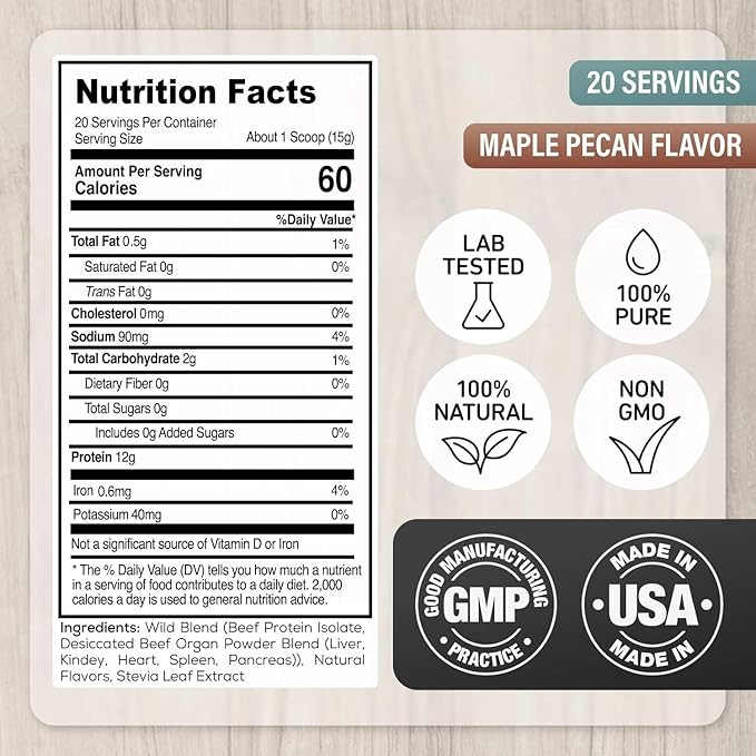 Wild Grass Fed Beef Protein Powder with Beef Organs Complex - Sugar Free Protein Shake - Low Carb &amp Calories - Keto/Paleo/Carnivore Friendly - Whey/Bloating/Lactose Free - Maple Pecan 10oz