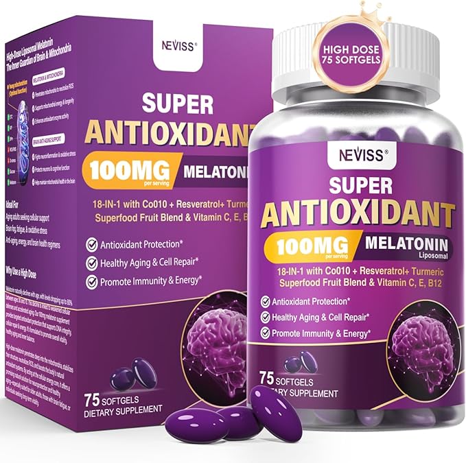 Melatonin 100mg for Antioxidant &amp Cognitive Health Ultra High Dose Melatonin with CoQ10 Turmeric Trans-Resveratrol Vitamin B12 C E for Brain Anti-Aging Cellular Repair and Energy 75 Softgels