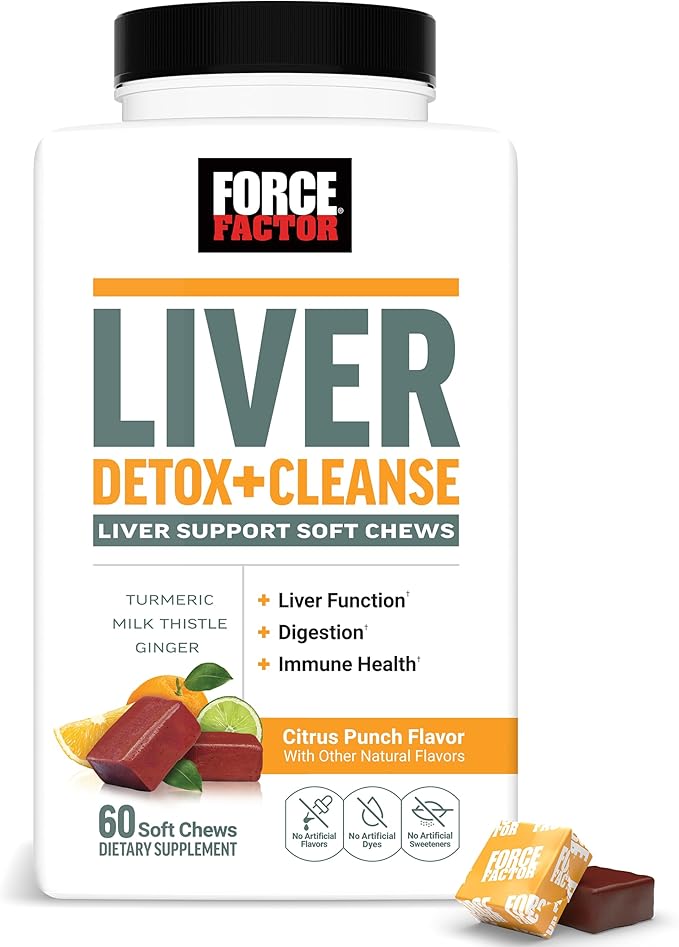 Force Factor Liver Detox Liver Cleanse Detox &amp Repair Supplement with Milk Thistle Turmeric &amp Ginger to Support Digestion &amp Immune Health Citrus Punch 60 Soft Chews