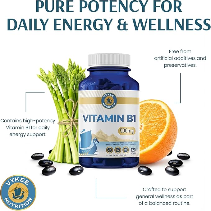 Vykee Nutrition Vitamin B1 (Thiamine) Capsules – Supports Energy Metabolism &amp Nervous System Health – Vegan Non-GMO Gluten-Free – 500 mg 120 Count