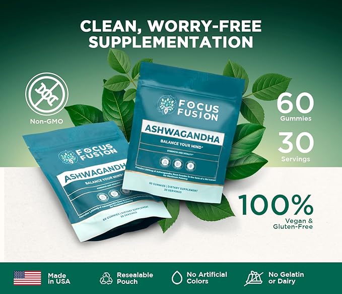 Focus Fusion Ashwagandha Gummies with Vitamin D2 &amp Zinc – Extra Strength Stress Relief Mood &amp Focus Support – Calm Energy &amp Immune Boost – Vegan Non-GMO Fruity Mix Berry Flavors (60 Cou