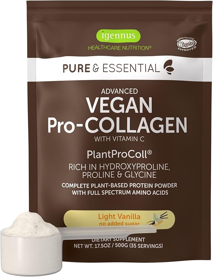 Igennus Advanced Vegan Vanilla Collagen Peptide Powder Enhanced with Glycine Proline &amp Hydroxyproline &amp Cofactor Vitamin C Non GMO Vegetarian Plant Based Collagen Powder Booster 35 Servin