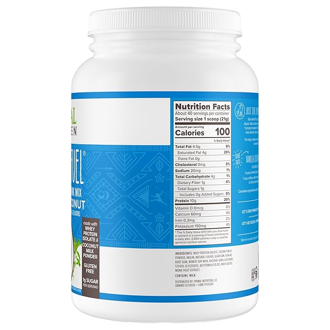 Primal Kitchen Primal Fuel Vanilla Coconut Whey Protein Drink Mix Gluten and Soy Free 1.85 Pounds