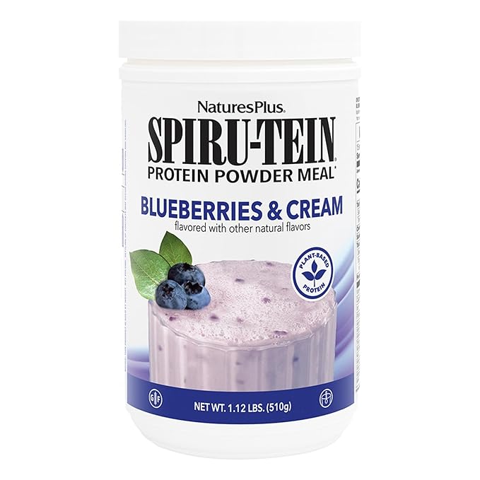 NaturesPlus SPIRU-TEIN Blueberries &amp Cream - 1.12 lb - Plant-Based Protein Powder - Vitamins &amp Minerals for Energy - Vegetarian Gluten Free - 15 Servings