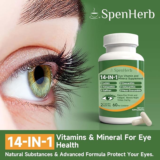 Eye Vitamin and Mineral Supplement 14 in 1 Advanced Eye Formula Vision Support with Lutein and Zeaxanthin Vitamin C E Zinc Copper Eye Health Supplements for Adults 60 Capsules/2 PCS