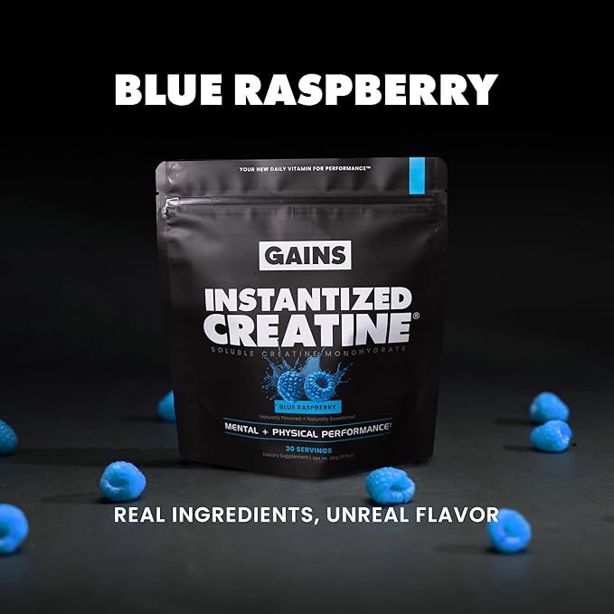 Gains in Bulk Instantized Creatine Monohydrate for Women and Men Soluble Pre Workout Powder Supports Muscle Building Strength and Performance Bodybuilding Supplements Blue Raspberry 30 Servings