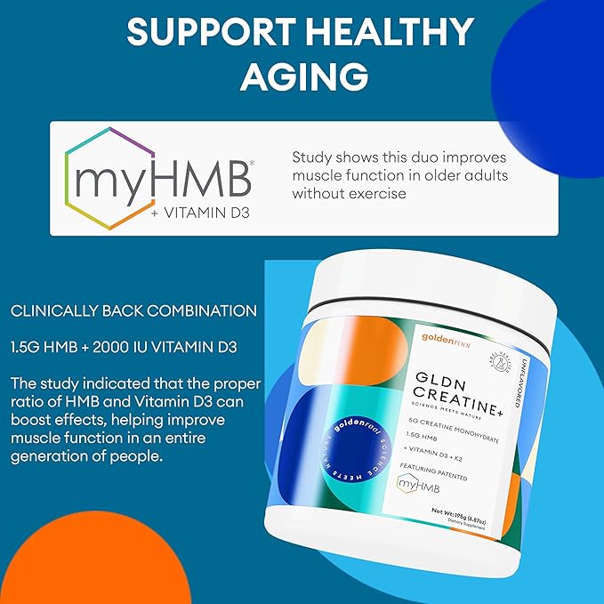 GoldenRoot GLDN Creatine HMB - Creatine Monohydrate with HMB for sustained Muscle Support and Recovery with Vitamin D3 and K2 for Bone and Joint Health - Unflavored - 30 Servings (1)
