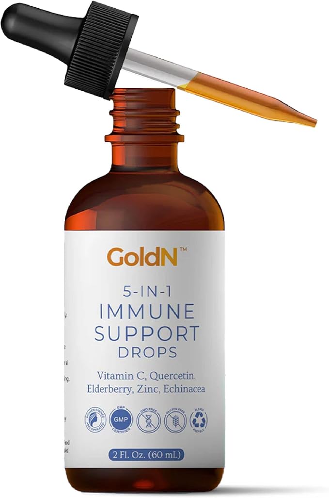 GoldN™ 5-in-1 Immune Support Drops | Vitamin C Quercetin Elderberry Zinc Echinacea | No Artificial Ingredients | Non-GMO Gluten-Free | 2oz (60ml) | 1-Month Supply