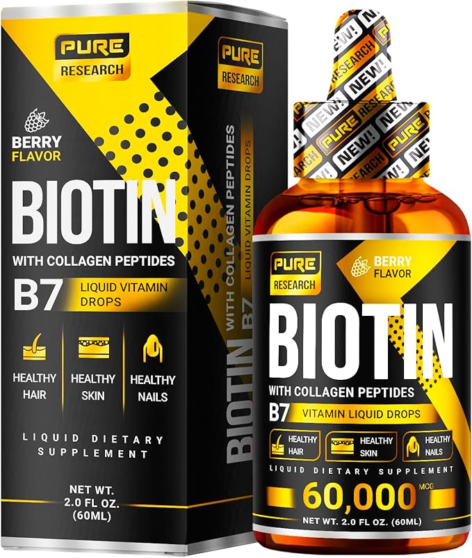 PURE RESEARCH Biotin &amp Collagen 60000mcg Hair Growth Liquid Drops Supports: Strong Nails Glowing Skin Healthy Hair Growth More Absorption Than Capsules &amp Pills (4Fl Oz)