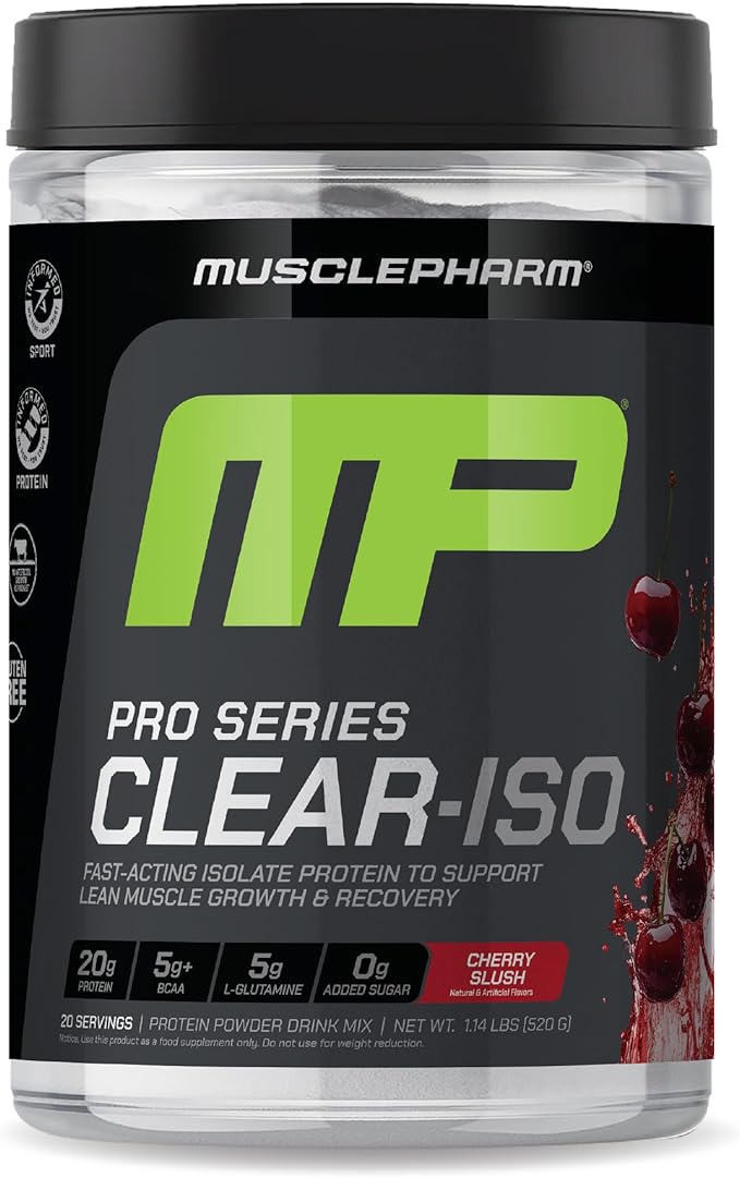 Muscle Pharm Pro Series Clear-ISO Clear Whey Protein Isolate Bundle (Cherry Slush + Sour Peach Rings) | 20g Whey Isolate + BCAAs + EAAs + L-Glutamine (20 Servings Each)