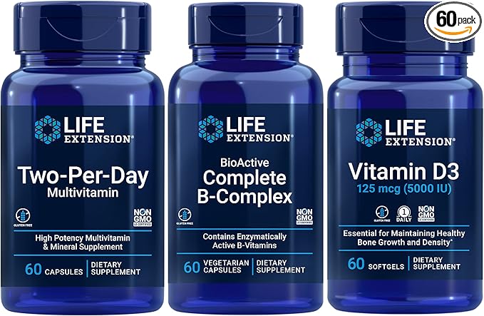 Life Extension Two-Per-Day Multivitamin 60 capsules | BioActive Complete B-Complex 60 capsules | Vitamin D3 125 mcg (5000 IU) 60 softgels | Bone &amp immune health energy and metabolism support