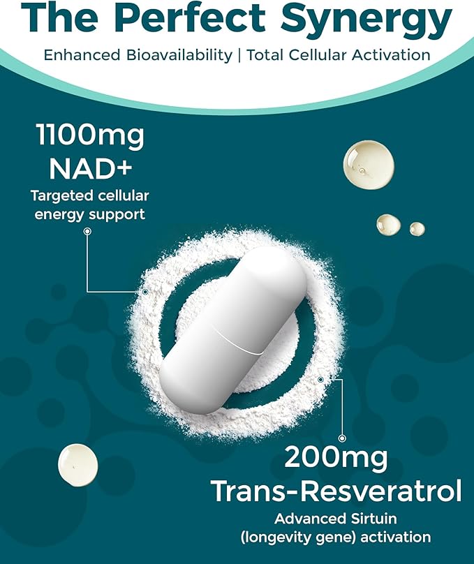 Liposomal NAD+ Supplement - 1100mg NAD Plus with Trans-Resveratrol - Support Cellular Health Skin Energy &amp Anti Aging for Women and Men - 30 Servings