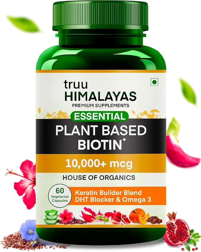 Plant Based Biotin 10000mcg for Hair Growth with DHT Blocker Keratin &amp Omega 3 Supplement Vitals for Men &amp Women - Ayurvedic Nutrients for Hair Fall Skin &amp Nails Health - 60 Capsules