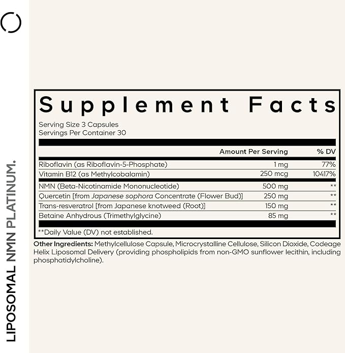 Codeage Liposomal NMN Platinum - 500 mg NMN Supplement Nicotinamide Mononucleotide NAD Precursor - Quercetin Resveratrol Betaine TMG Vitamin B2 Riboflavin &amp Vitamin B12 - Non-GMO - 90 Capsule