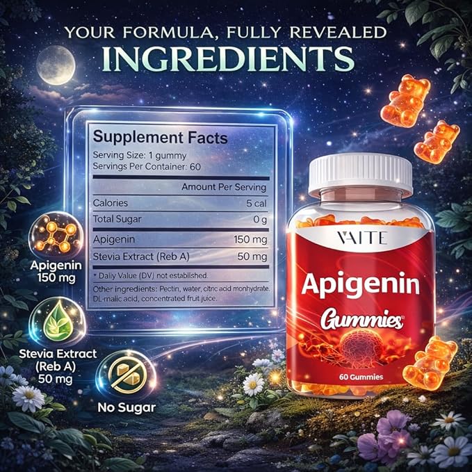 VAITE Apigenin Supplement 150mg - Chamomile Extract Vegan Gummies with Flavonoids Bioflavonoids &amp Polyphenols - Plant-Based Relaxation Support - Liposomal Calm Formula - Non-GMO Herbal Mood Balan