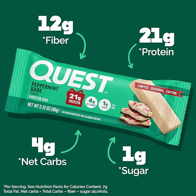 Quest Nutrition Peppermint Bark Protein Bar 21g Protein 4g Net Carb 1g Sugar Gluten Free 12 Count