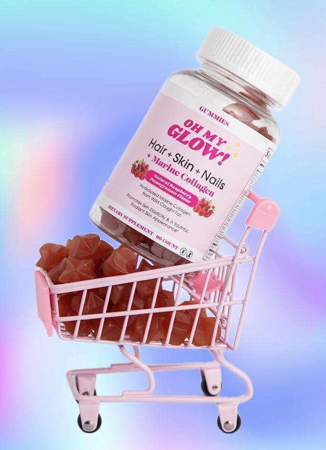 Oh My Glow! Hair Skin &amp Nails + Marine Collagen – Gluten-Free Non-GMO Gummies Raspberry Pomegranate