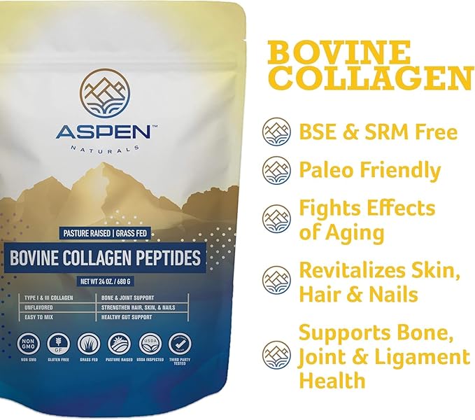 Bovine Collagen Peptides Powder 24oz (1.5 lbs) - Unflavored Hydrolyzed Type I &amp III Protein | Grass Fed Pasture Raised | Hair Skin Nails &amp Gut | Easy to Mix | Paleo Friendly Non-GMO Glute