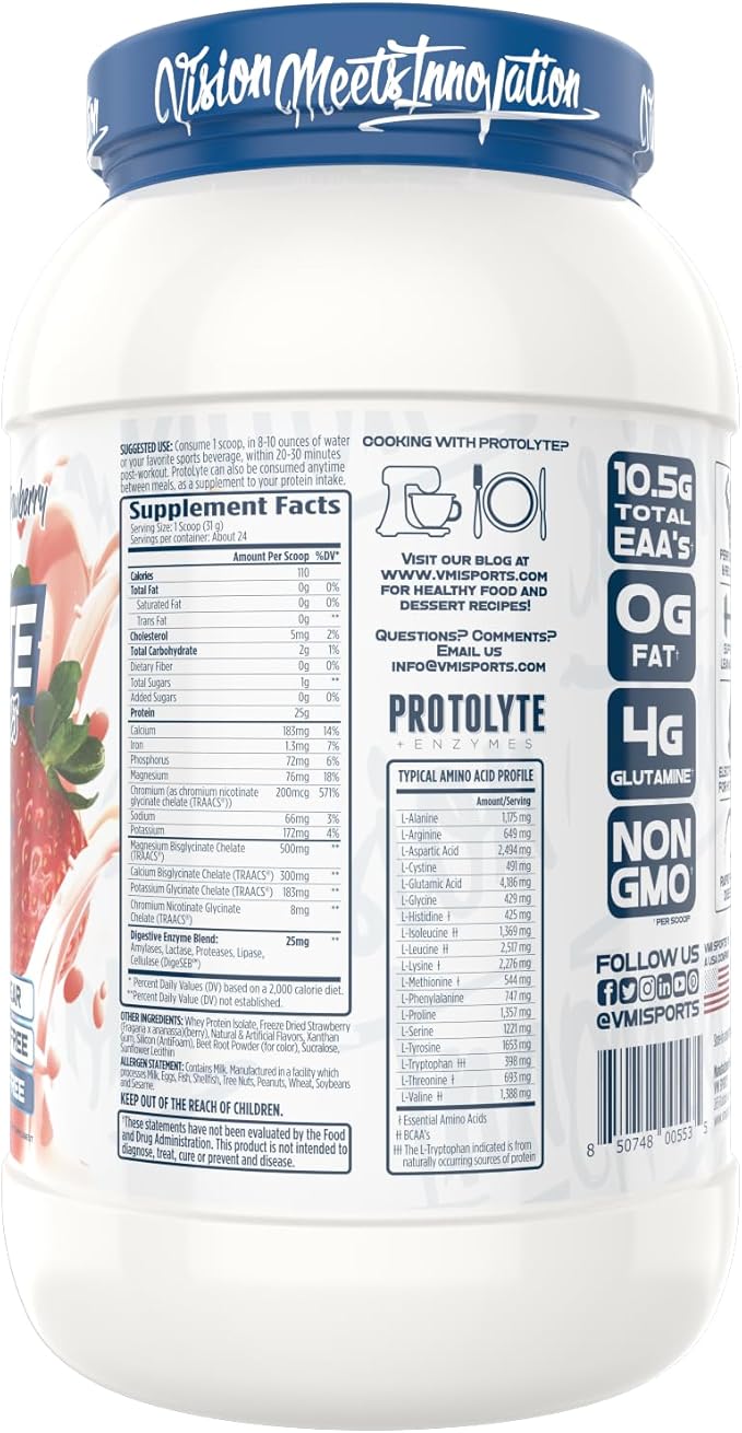 VMI Sports | ProtoLyte Whey Isolate Protein Powder | Low Calorie Whey for Weight Loss and Muscle Gain | Digestive Enzymes | Non-GMO (1.6 lb Strawberry)