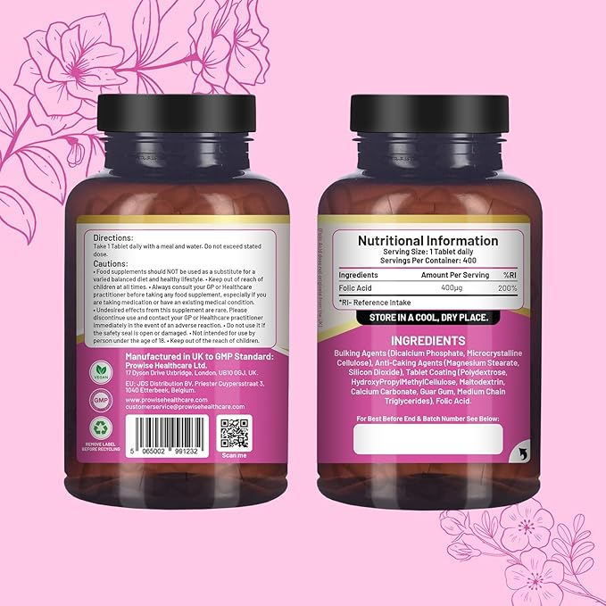 Folic Acid Tablets 400 mcg - 400 Vegan Vitamin B9 Tablets | 13 Month Supply | Vitamin B9 Pregnancy Care | Normal Function of Immune System &amp Maternal Tissue Growth During Pregnancy | UK Made – Pro