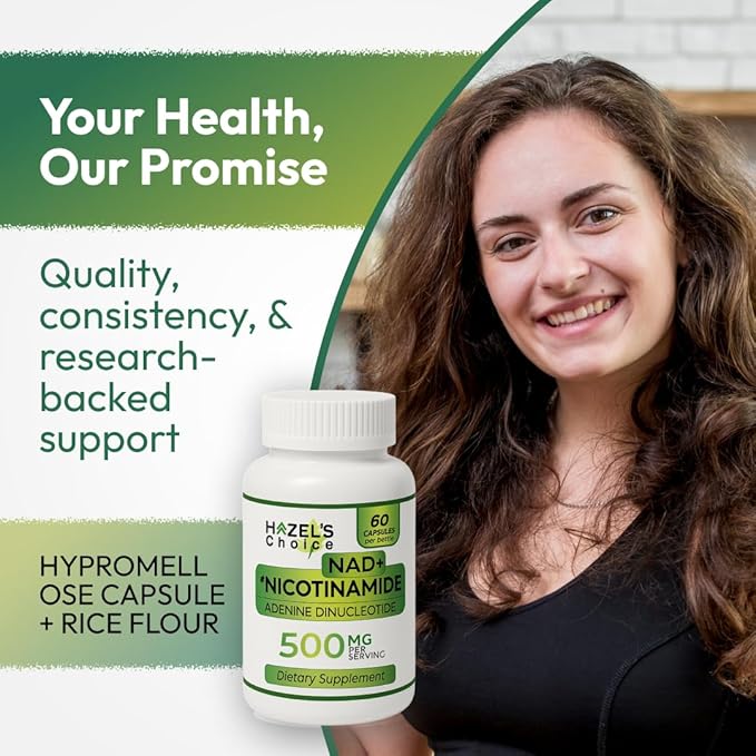 HAZEL'S Choice NAD+ Nicotinamide Adenine Dinucleotide Supplement 500mg 60 Capsules Supports Cellular Energy &amp Metabolic Function