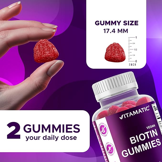 Vitamatic Biotin Gummies 10000 mcg for Stronger Hair Skin &amp Nails - 60 Vegan Gummies - Also Called Vitamin B7 (6 Bottles)