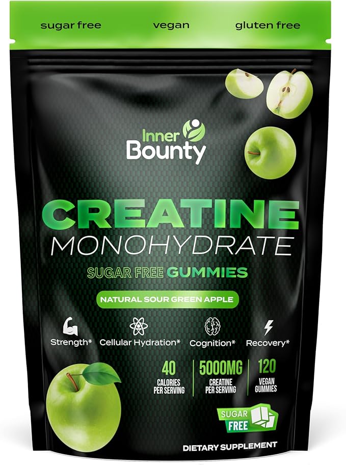 Sugar Free Creatine Monohydrate Gummies 5g Natural Sour Green Apple - 120 Vegan Chews for Men and Women. Cognition and Muscle Support Cellular Energy - Non-GMO &amp Gluten-Free