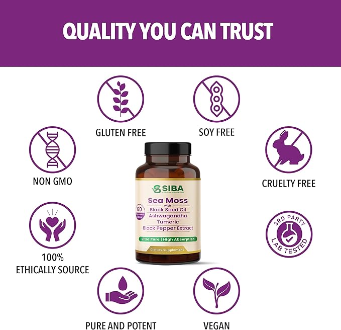 SIBA Ultra Pure Sea Moss Blend – Vegan Capsules with Sea Moss Black Seed Oil Ashwagandha Turmeric &amp Black Pepper – Supports Overall Wellness – 60 Count