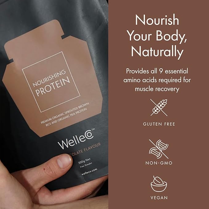 WelleCo Plant-Based Chocolate Protein Powder Organic Brown Rice &amp Pea Blend 16g Protein per Serving Dairy-Free Supplement for Energy Recovery &amp Daily Nutrition 10.5 oz