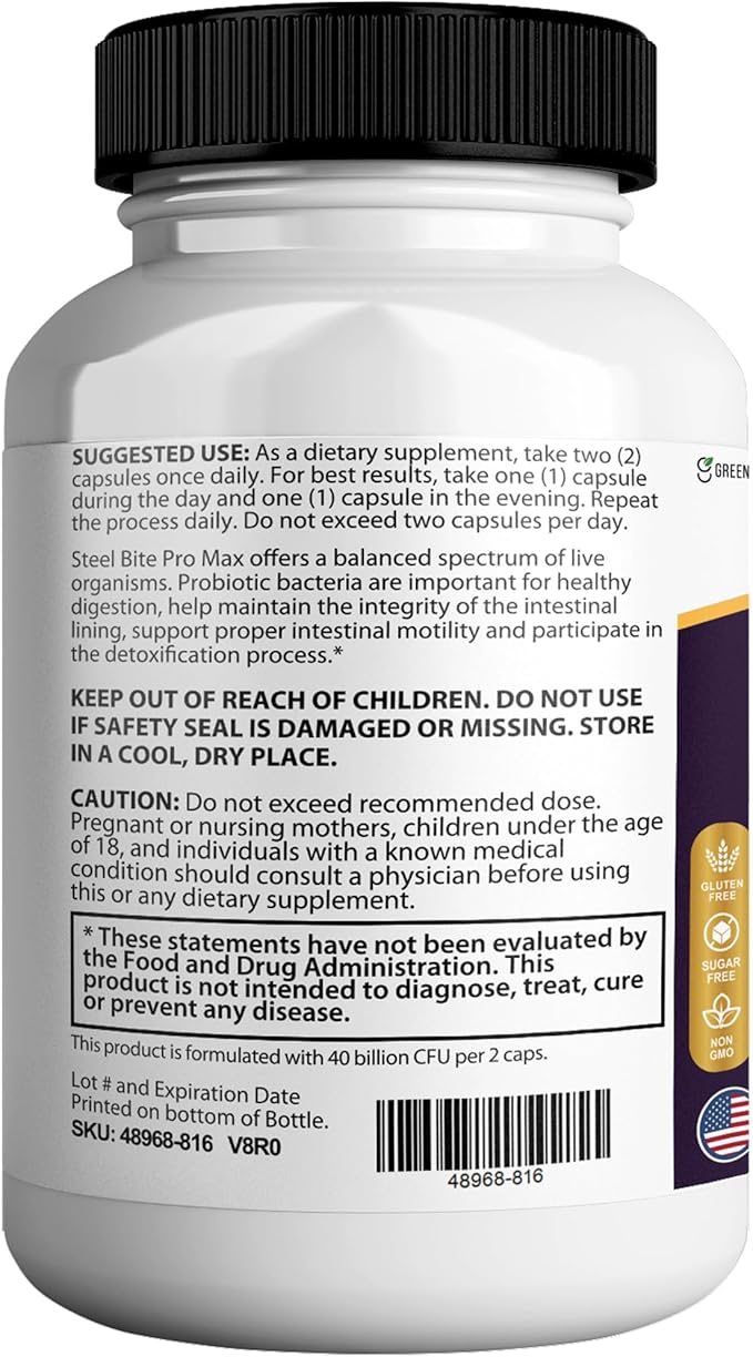Steel Bite Pro Max Probiotic Supplement 40 Billion CFU 60 Capsules 30 Day Supply (1)