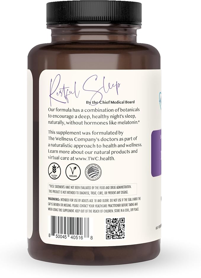 The Wellness Company Restful Sleep - Melatonin-Free Deep Sleep REM Support Non-Habit Forming - Kava Rafuma Leaf Ashwagandha &amp Valerian Root | 60ct (1 Month Supply)