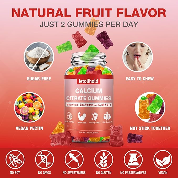 5 Packs Calcium Citrate Gummies for Kids &amp Adults Sugar Free Calcium Supplements with Vitamin D3 K2 MagnesiumSupport Bone &amp Muscle