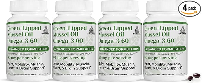 TURNER New Zealand Green Lipped Omega-3 Mussel Oil 53x Higher Potency with UAF1000+ Antioxidant No Fishy Aftertaste 4 Bottles 240 Softgels