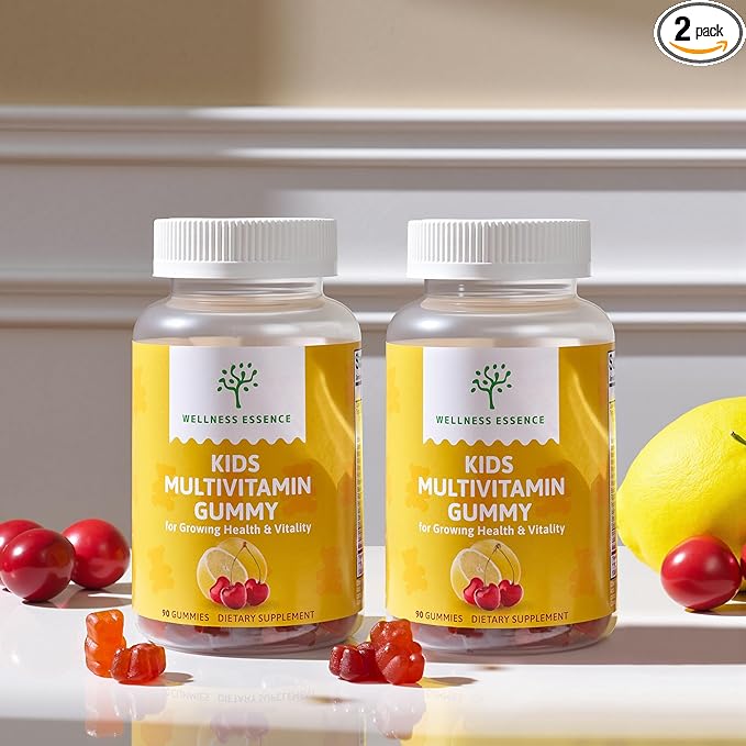 Kids Multivitamin Gummy - for Growing Health &amp Vitality | 2 Pack (180 Gummies Total) | Lemon Orange Cherry Flavors | Packed with Pantothenic Acid Folic Acid Zinc Iodine &amp Biotin