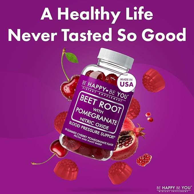 Beetroot with Pomegranate Gummies – Nitric Oxide Booster &amp Blood Pressure Support – Cherry Pomegranate Flavor – Vegan Gelatin-Free Pectin-Based – 90 Ct