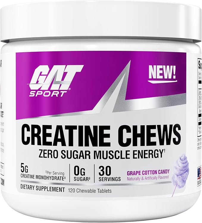 GAT SPORT Creatine Chews Zero Sugar 5g Pure Creatine Monohydrate 3rd Party Tested Brain Health Muscle Strength Anti-oxidant Support for Men &amp Women 30 Servings (Grape Cotton Candy)