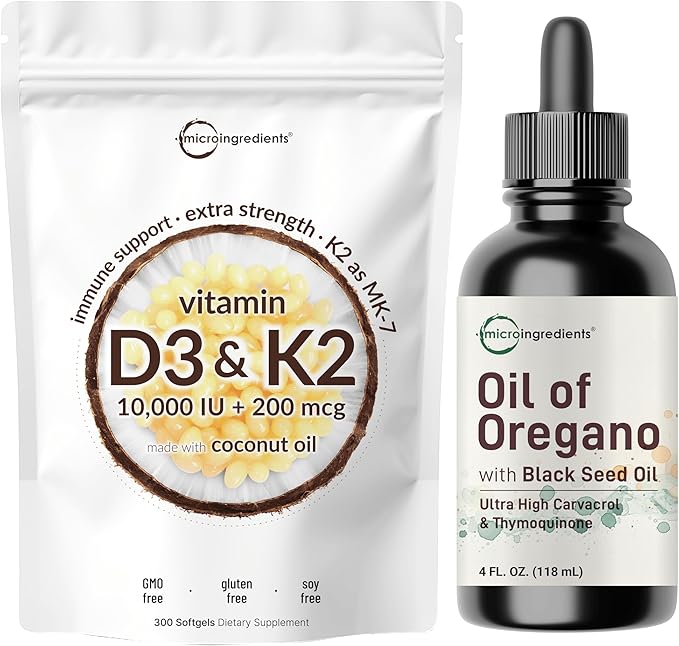 Micro Ingredients Vitamin D3 10000IU + K2 MK-7 200mcg Softgels &amp Oil of Oregano with Black Seed Drops | Bundle | D &amp K Sunshine Vitamins + Coconut Oil | Ultra High Thymoquinone + Carvacrol