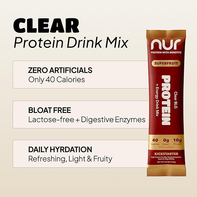 NUR Clear Whey Protein Drink Mix + Energy Fermented BLG Single-Serve Sticks 12-Pack – Lactose-Free Keto-Friendly Zero Sugar No Artificial Sweeteners