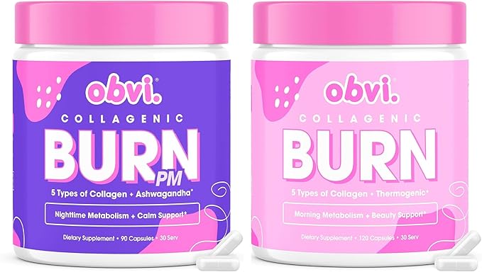 Obvi Collagenic Burn Day &amp Night Bundle | Collagen Green Tea Ashwagandha GABA &amp Melatonin | 24-Hour Collagen Support