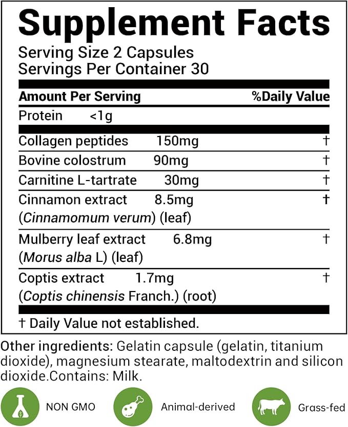 DrBioCare Living Collagen L-Carnitine Complex Supplement Grass Fed Bovine Collagen PeptidesBovine ColostrumCinnamon ExtractMulberry Leaf Extract Non-GMO 60 Capsules