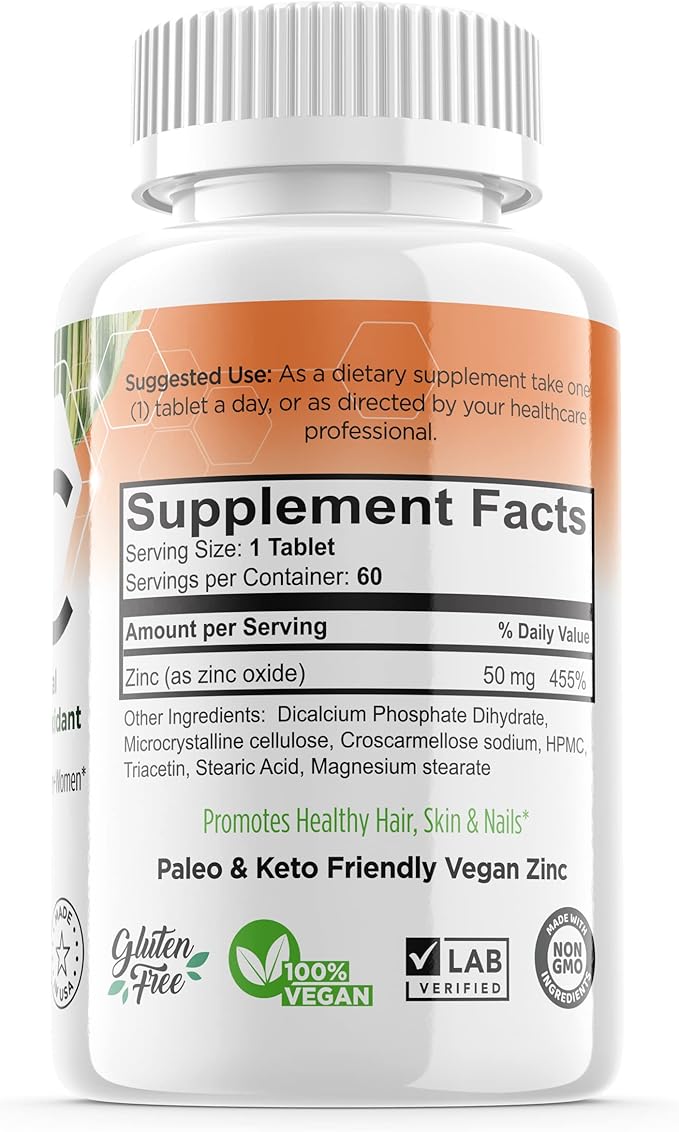 Zinc 50mg (60 Tablets) Specially Formulated for Sensitive Stomach Immune Support Skin &amp Hair Vegan Zinc Supplement Non-GMO Made in USA