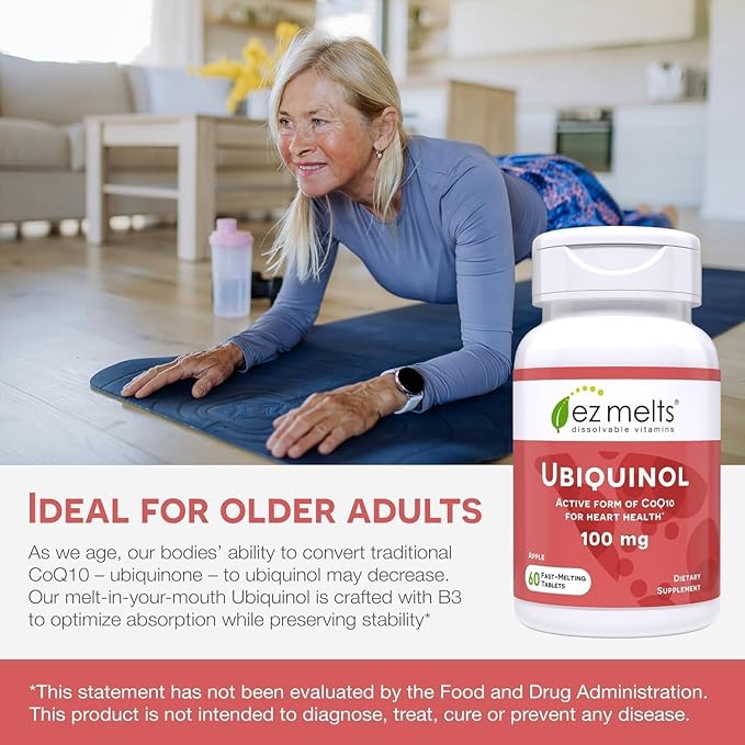 EZ Melts Ubiquinol 100 mg - CoQ10 Supplement for Heart Health &amp Energy Support - Antioxidant Protection - No Artificial Flavors - Non-GMO &amp Vegan - Apple - 120 Dissolvable Tablets (120 Serving