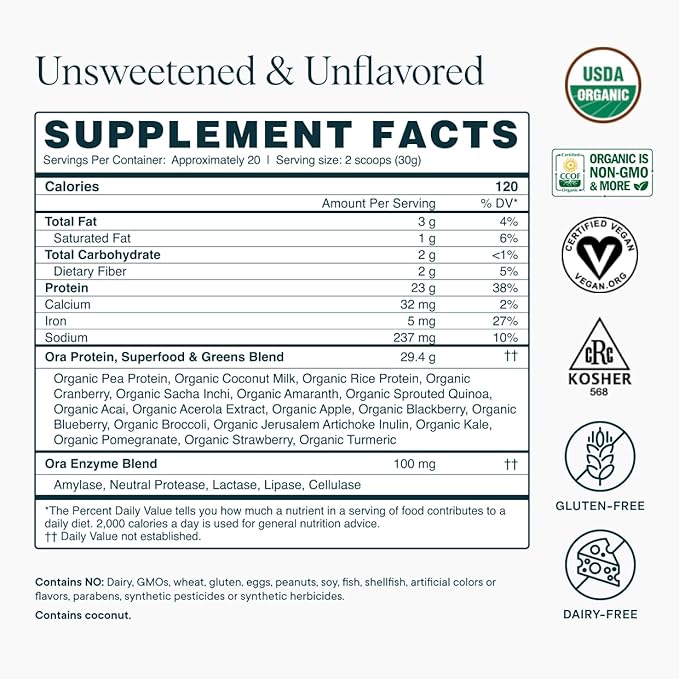 Ora Organic Vegan Protein Powder - 23g Plant Based Pea Protein + Superfood for Women and Men - Unsweetened &amp Unflavored - 20 Servings No Erythritol Keto-Friendly Gluten-Free Paleo Soy-Free