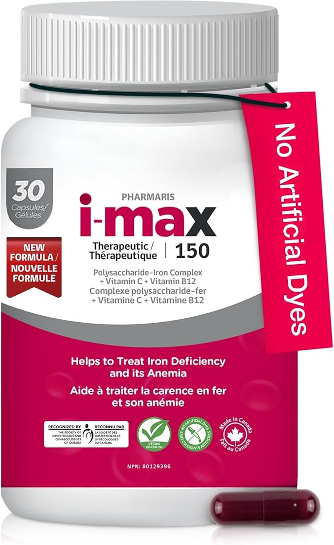 i-max Iron Supplement 150 mg Vitamin C 250 mg &amp B12 1000 mcg Iron Supplement for Women &amp Men No Artificial Dyes Vegan Once Daily 30 Capsules